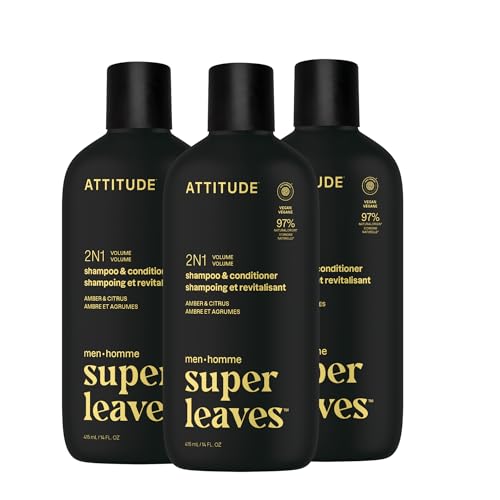 Image of ATTITUDE Men's Shampoo and Conditioner 2-in-1, Volumizing for Thin Hair, With Rosemary and Rice Protein, 97% Natural Origin Ingredients, EWG Verified, Amber & Citrus, 14 Fl Oz (Pack of 3)