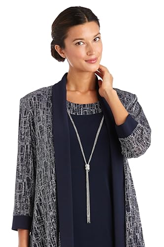 Image of R&M Richards Women's Elegant Metallic Jacquard Knit Jacket Dress | Shimmering 2-Piece Ensemble W /Detachable Necklace