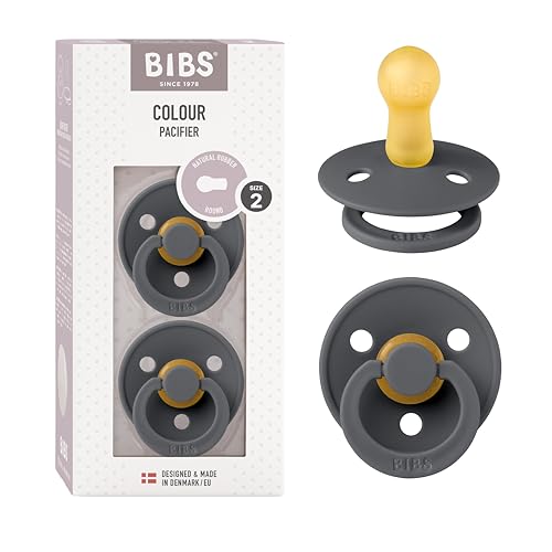 BIBS Colour Soother 2-Pack, BPA Free Dummy Pacifier, Round Nipple. Natural Rubber Latex, Made in Denmark, Size 2 (6-18 Months), Iron