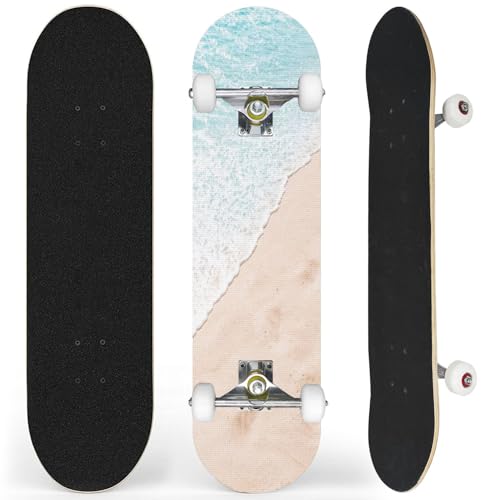 Complete Skateboard with Blue Ocean Wave Sandy Beach Summer Day Sand Beach Beginner Skateboard 7-Layer Maple Wood Double Kick Concave Skate Board for Kids, Adults, Teens 31