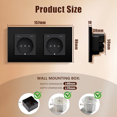BSEED Steckdose mit USB C(5 V 2.1A),Unterputz Steckdose (Typ C und Typ C),16A 250V 2 Fach Wandsteckdose,2*USB C Einbausteckdose Geeignet f&uuml;r Phone,Pad-157mm*86mm,Schwarz