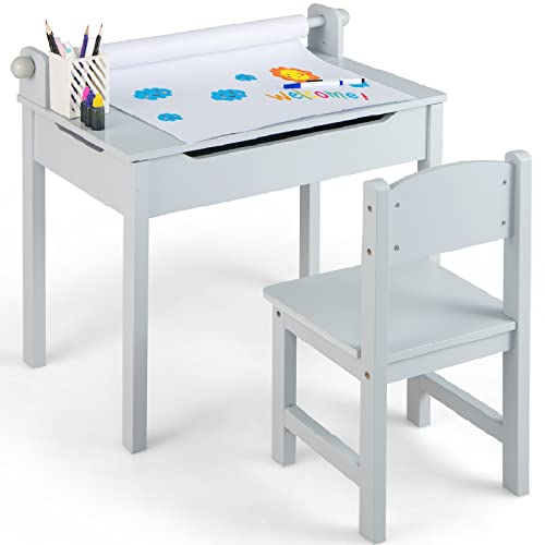 Infans Kids Table And Chair Set With Paper Roll, Wooden Lift-Top Desk For Toddler Writing Drawing Reading Craft Art, Children Furniture Activity Table Set For Nursery Daycare Playroom (Grey) #TOP20
