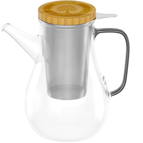 amapodo Theepot glas met zeef 1100ml kan voor thee geïsoleerd van borosilicaatglas incl. bamboe deksel ook geschikt als theezeef plank