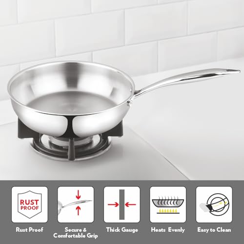 Image of Borosil Cookfresh 1.3L Tri-ply Stainless Steel Frypan with Handle | Gas, Induction Compatible | SS304 Food Grade Steel 20cm Frying Pan | Even Heat Distribution | Dishawasher Safe | 5 Year Warranty