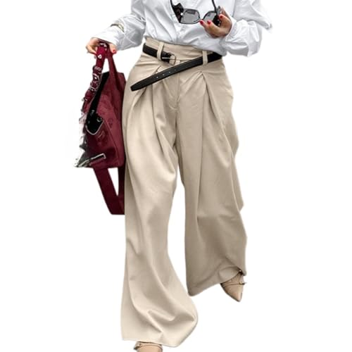 Bosloga Pleated Wide Leg Pants for Women - Khaki Floor-Length