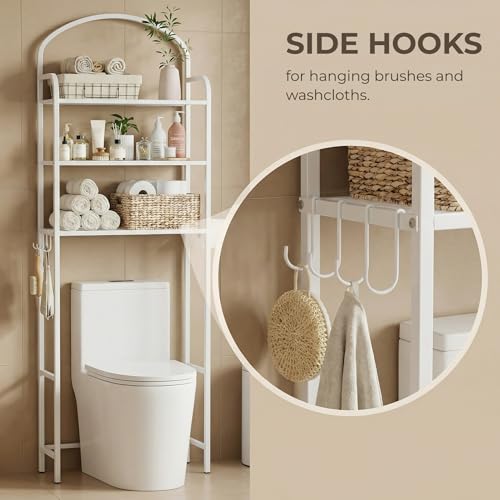 3-Tier Over The Toilet Storage, Bathroom Organizer, Space-Saving, Above Toilet Storage Rack with 4 Hooks and Paper Holder, Metal Shelf, White - Image 5