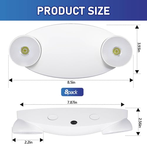 Image of Baquler 8 Pack LED Emergency Lights for Business with Battery Backup Adjustable Two LED Bug Eye Head, AC 120 /277V Commercial Emergency Lighting, Wall Mount, Hard Wired, Fire Resistant, Ul Certified