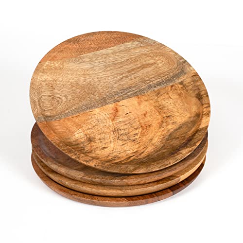 Wood Serving Appetizer Plates - Dinnerware Round Rustic Thanksgiving Centerpiece Tableware Dining For Sandwiches, Salad, Finger Foods, Cheese, Burgers - Pack Of 4 Measure 9 Inches - Natural #TOP4