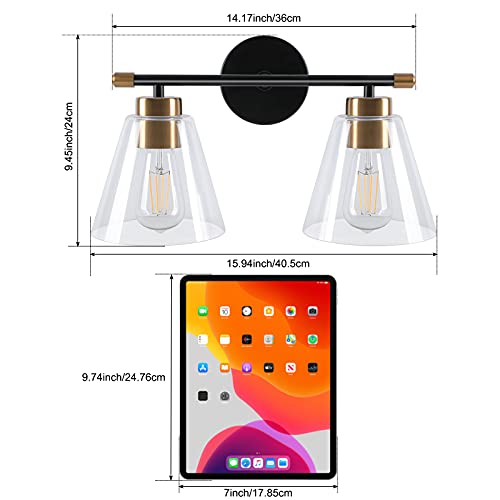 Zorykn Vanity Light Fixture, 2-Light Modern Wall Sconce Lighting, Matte Black Wall Light With Clear Glass Shade And Gold Base, For Bathroom, Hallway, Powder Room, Mirror Cabinets, Stairway (E26 Base) #TOP1