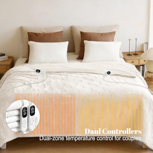Image of IUUI Heated Blanket Electric King Dual Controller- 90x100 Inches Soft Flannel Heating Blanket,Fast Heating Blanket 6 Heating Levels & 2 Hours Auto Off ETL Certification (Cream, King)