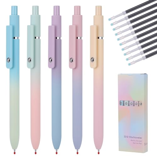 JIANTA Bolígrafos de Gel de Secado Rápido, 5 Piezas Bolígrafos de Tinta Gel Retráctiles, Bolígrafos Estéticos Punta Fina de 0,5 mm, Bolígrafos de Escritura Suaves con 10 Recambios Adicionales(C)