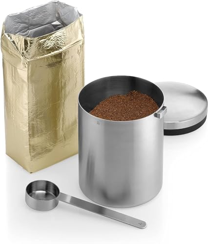Foto von WMF Kult Tee- Kaffeedose Edelstahl für 500g, Edelstahldose mit Maßlöffel, Kaffeebohnen Behälter, Cromargan Edelstahl mattiert, für Kaffeepulver und Kaffeebohnen, spülmaschinengeeignet