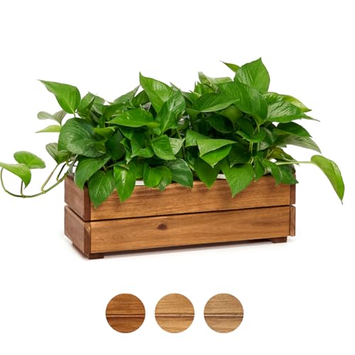 THYOI Wooden Planter Box, Storage Box 17”L x6”W x5.5”H with Crate Style, Acacia Wood Flower Container, Rustic Rectangle Planter for Planting, Decor and Storage - 3 Colors (Golden Walnut)