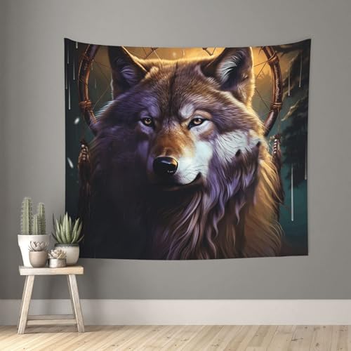 Wandteppich, Wölfe & Traumfänger, Wandbehang, Banner, Boho-Wandteppich für Schlafzimmer, Vintage-Wandteppich, ästhetische Wanddekoration, Kunstposter, Tagesdecke, lustiger Hintergr& für Wohnzimmer