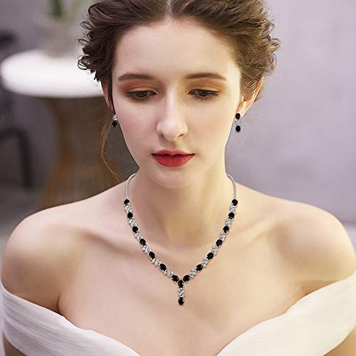Elequeen Women's Silver-Tone Cubic Zirconia Oval Shape Leaf Necklace Earrings Set For Brides And Weddings Black #TOP2