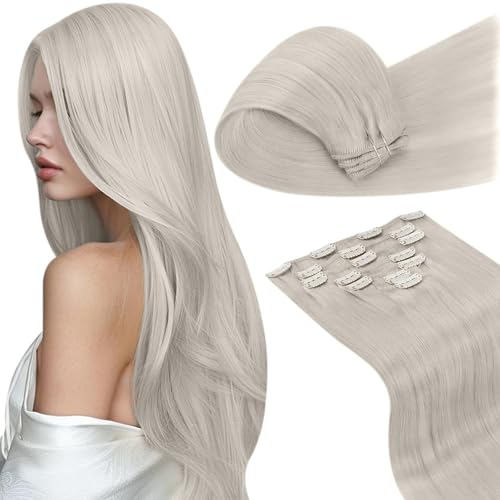 Image of LaaVoo Clip in Hair Extensions Real Human Hair Blonde Clip in Hair Extensions for Women Double Weft Clip ins Hair Extension Human Hair Platinum Blonde 18 Inch 7pcs /135g