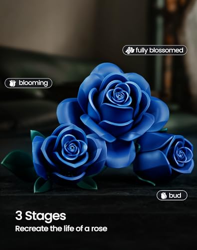 Image of Blue Roses Bouquet Building Set, Artificial Flowers Botanical Collection Blocks Kit Compatible with Lego for Adults, Gothic Home Decor for Easter and Mother's Day - IA11007 (608PCS)