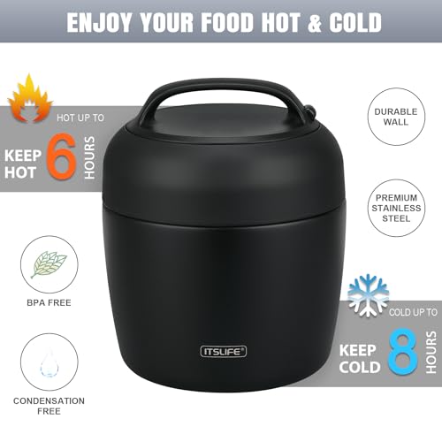 Image of Thermo Food Jar for Hot Food Adults 32OZ Soup Thermo Lunch Containers Wide Mouth Vacuum Insulated Stainless Steel Leakproof Bento Box with Spoon (NEW-BLACK)