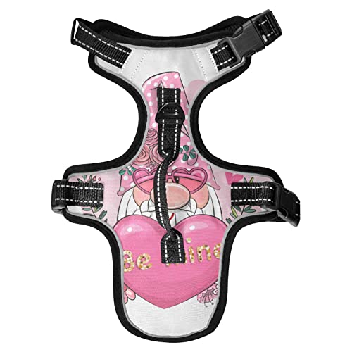 Valentine Be Mine Pink Gnome with Pink Heart, Flowers and Green Leaves Dog/Cat Vest Harness, Reflective Adjustable Antiskid No Pull Pet Harness with Leash Clips Easy Control Handle for Cats Dogs S