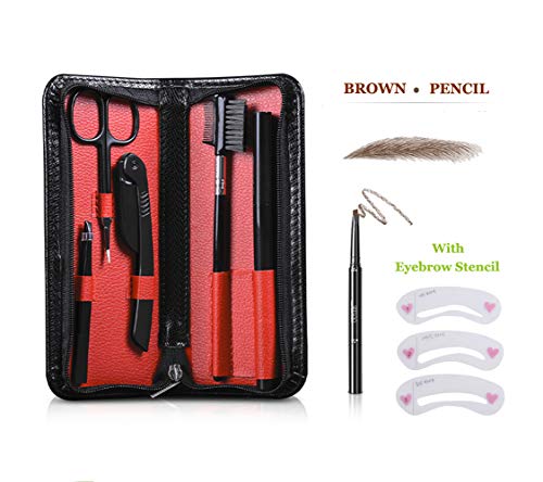 6 in 1 Eyebrow Kits with Razor Pencil Stencil Brush Scissors Tweezers, Eyebrow Grooming Trimmer Set - Beauty Makeup Tool Gift for Men and Women with Portable Travel Case (Brown Pencil) UMOGI