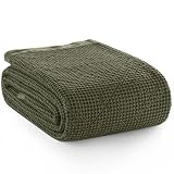 PHF Stone Washed 100% Cotton Waffle Blanket, Vintage Deep Honeycomb Texture, Breathable Thermal Blanket for Bed & Home Decor, All Season Layering - Queen, Moss