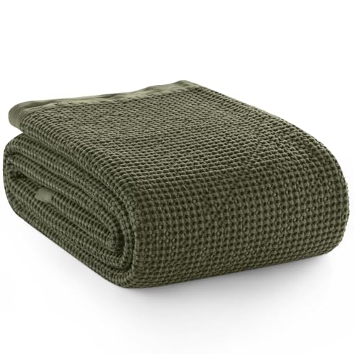 Image of PHF Stone Washed 100% Cotton Waffle Blanket, Vintage Deep Honeycomb Texture, Breathable Thermal Blanket for Bed & Home Decor, All Season Layering - King, Moss