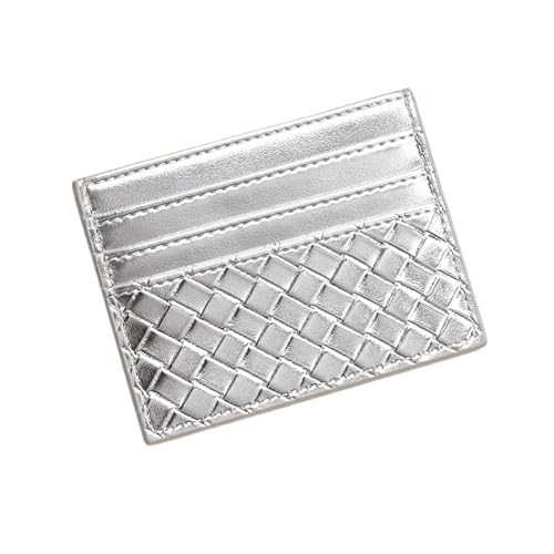 Woven Card Holder One-Piece Pu Leather Mini Card Holder ID Access Card Holder(Silver)