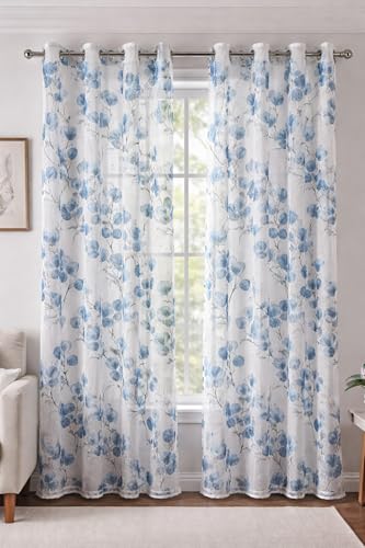 Image of THE LINEN COMPANY Cotton Sheer Printed Curtain for Window Bedroom and Living Roonm Home dcor Set of 2 (05 Feet,Soft Blue Leaf)