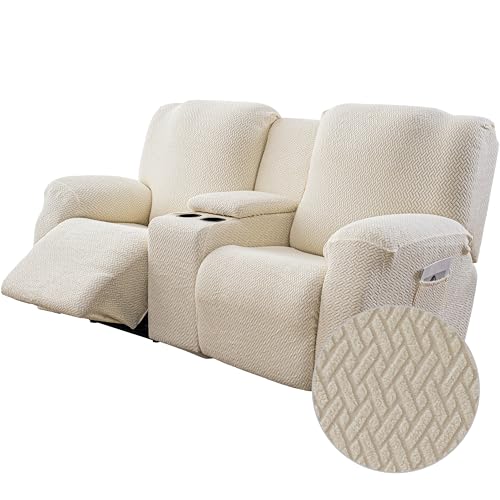 Image of Genina Recliner Loveseat Covers with Console, Stretch Reclining Sofa Covers, 2 Seater Couch Cushion Stripe Jacquard Recliner Slipcovers - Furniture Protector Covers for Pet Kid (Beige)