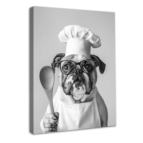 Dazzlewall Póster enmarcado divertido para pared, diseño de perro chef, imagen de animal en blanco y negro para dormitorio, cocina, comedor, decoración de 12 x 16 pulgadas
