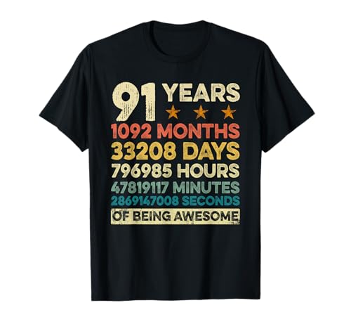 Vintage 91st Birthday Gift 91 Years Old 1092 Months T-Shirt