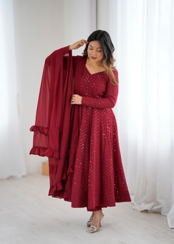 Image of Elegant Maroon Anarkali Gown Crafted in Heavy Fox Georgette with Lucknowi Sequence Work, Full Sleeves, Kali Cut Flare, Ruffle Dupatta and Stitched Cotton Pant
