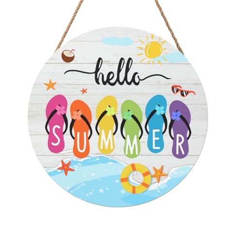 Dacawin Hello Summer Beach Door Sign Colorful Slippers Coastal Door Hanger Welcome Hanging Porch Signs Outdoor Decor Summer Wooden Wall Decoration