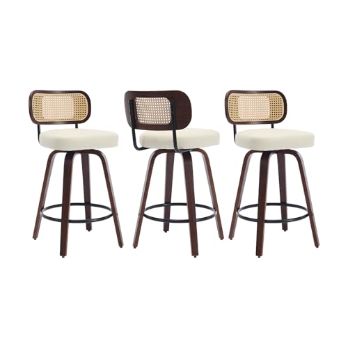Image of Shenyon Counter Height Bar Stools Set of 3, Swivel Bar Chairs with Curved Rattan Back, Upholstered PU Leather, Walnut Craftsmanship, Mid Century Modern Counter Stools for Kitchen Counter, Beige