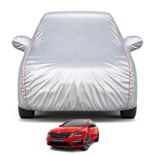Image of Premium Car Cover for Skoda Octavia (2013-2020) | Waterproof, UV & Dust Protection | Mirror & Antenna Pocket | Triple Stitched, Soft Inner Lining, Belt & Buckle (Metalic Silver)
