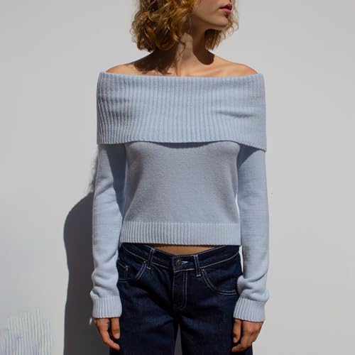 Image of Women Off Shoulder Long Sleeve Sweater Y2K Ribbed Knit Pullover Solid Crop Top Going Out Boat Neck Blouse