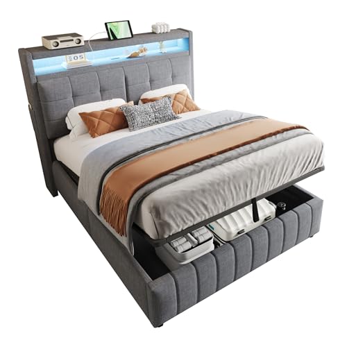 LAKFEW Polsterbett 140x200 cm, Doppelbett Stauraumbett mit LED-Beleuchtung und USB-Steckdose, Funktionsbett mit Hydraulischem Stauraum und Regal und Lattenrost, Grau, Ohne Matratze, Leinen – Bild 7