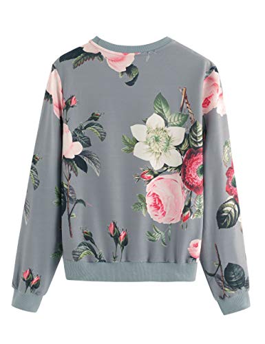 Romwe Women's Casual Floral Print Long Sleeve Pullover Tops (Large, Gray)