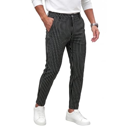 GINGTTO Mens Chino Pants Slim Fit Stretch Pinstripe Pants Men Dress Skinny 32W x 32L Black