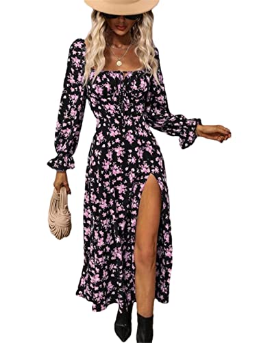 Robe midi sexy manches longues imprimé rétro floral femme taille haute