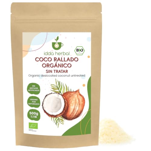 IDDA Herbal Coco Desecado Orgánico 500g, Coco Crudo Rallado para Hornear y Cocinar