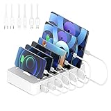 Charging Station for Multiple Devices, 6 USB Fast Ports and 6 Mixed USB Cables Included, for iPhones, Airpods,Mini iPads, and Other Electronics, White