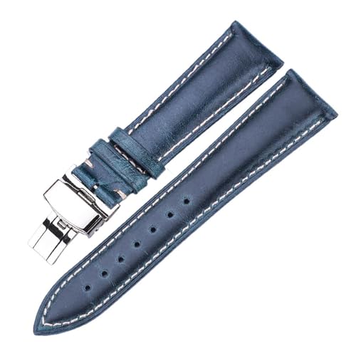 Bracelet montre cuir vachette bleu 24mm avec fermoir papillon amovible pour homme