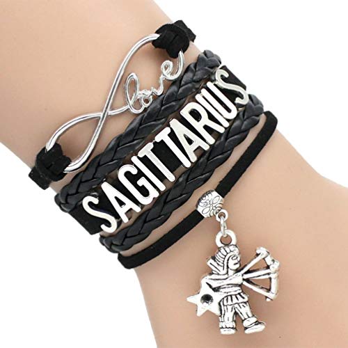 Kinshops Fashion 12 Constellation Zodiac Sign PU Leather Bracelet Handmade Vintage Letter With Zodiac Pendant for Men Women Bracelets,black