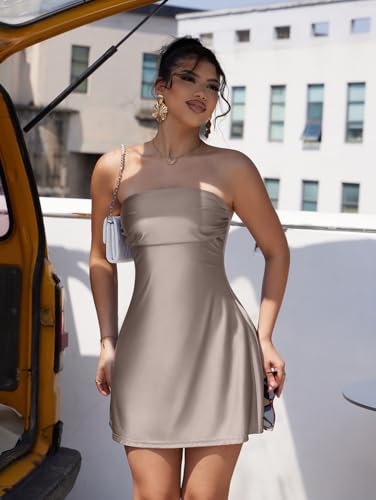 Image of XXTAXN Women's Sexy Tube Strapless Ruched A Line Wedding Guest Cocktail Satin Mini Dress