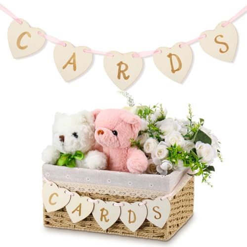 Image of Yaomiao Mini Cards Sign Banner for Card Box Wedding Themed Hanging Banner Decor Party Decoration for Birthday for Basket Table Greeting Photo Props Table Decor, Basket Not Included(Vivid,Wooden)