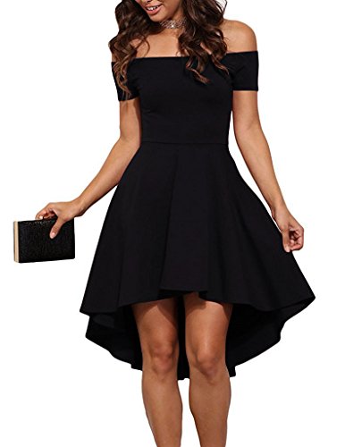 LAMOGALL Women Off The Shoulder Short Sleeve High Low Hem Club Cocktail Skater Dress Skater Wedding Party Teen Formal Dresses (Black, X-Large)