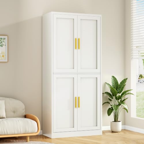 Image of Wanfu 71 inch Tall Pantry Cabinet, Metal Kitchen Pantry Cabinet with 4 Doors and 4 Adjustable Shelves, Kitchen Pantry Storage Cabinets, Metal Storage Cabinet for Kitchen, Dining Room, Living Room-White