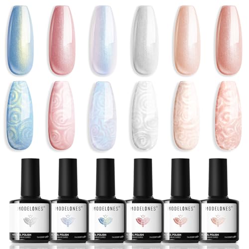 Image of modelones Pearl Gel Nail Polish, 6 Colors Shimmer Glitter Iridescent White Nude Blue Pink Mermaid Nail Drawing Soak Off Gel Polish Swirl Shell Thread Effect Gift DIY at Home with Dotting Pen