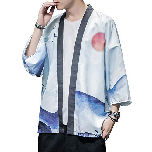 Image of Men's Japanese Kimono Robe Jacket Lightweight 3 /4 Sleeve Open Front Yukata | Silky Smooth Fashion Print Happi Coat Lightweight Breathable Loose Unisex Haori Casual Summer Cardigan Daily Beach Vacation
